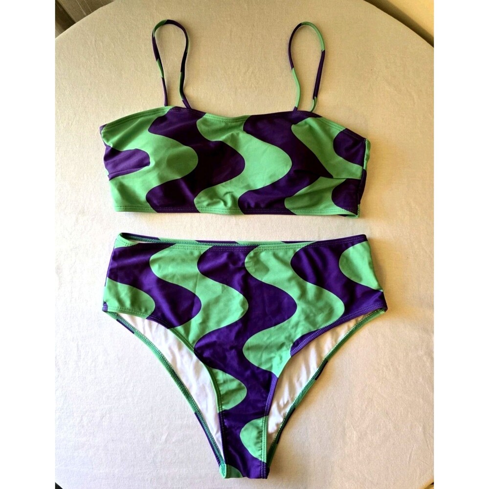 Plus Bikini Set 1XL Green & Purple Wavy Swirl High Waisted 2-Piece Coastal NWOT